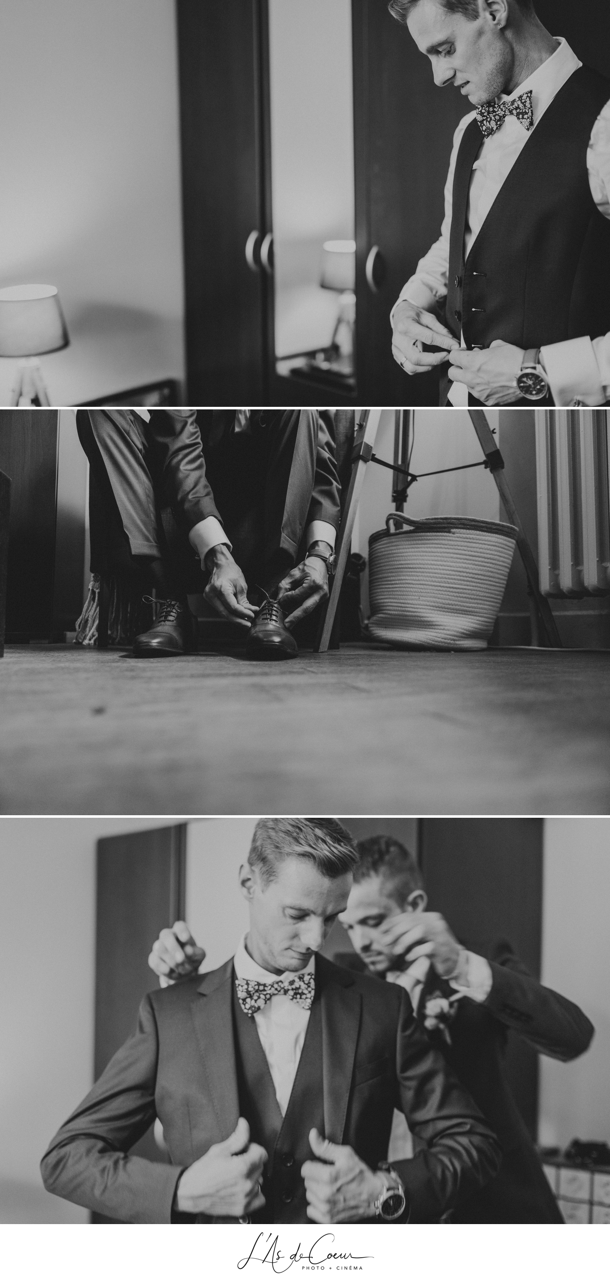 préparatifs marié noir et blanc photographe Mariage Lyon ©lasdecoeur